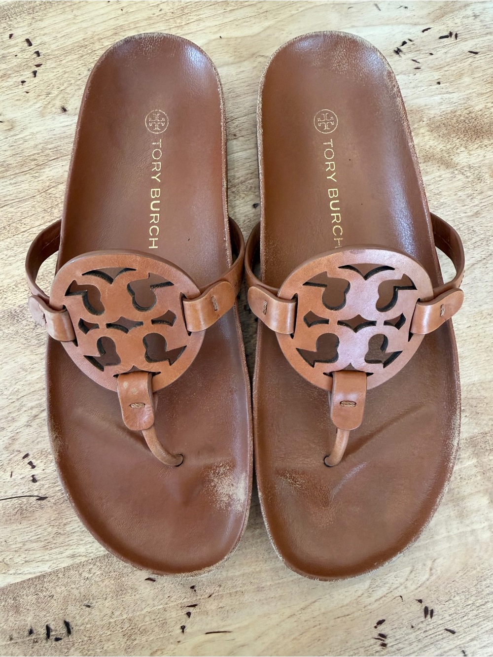 Tory Burch Brown Leather Logo Thong Sandals